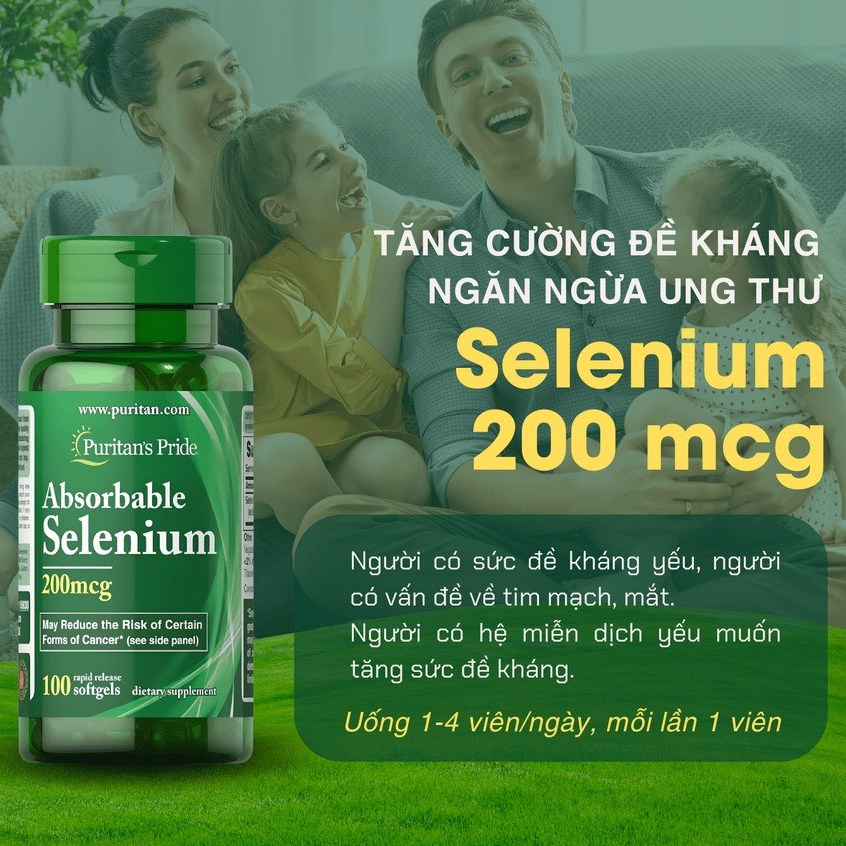 Viên uống ngăn ngừa ung thư, tăng cường sức đề kháng, hỗ trợ tim mạch Absorbable Selenium Puritan's Pride 100 viên