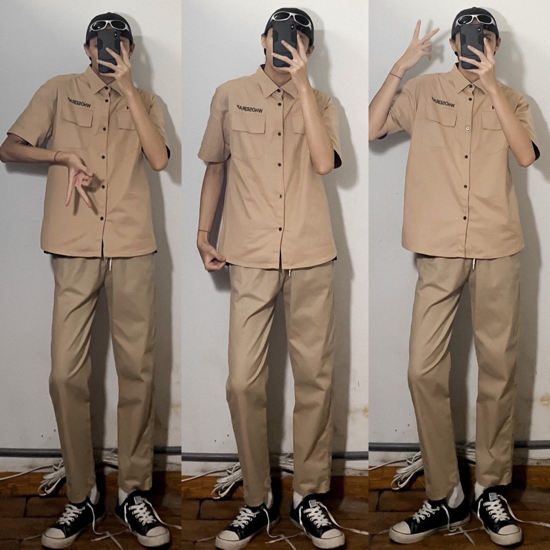 SƠ MI KAKI TÚI HỘP PHONG CÁCH CHICANO THÊU CHỮ NỔI -