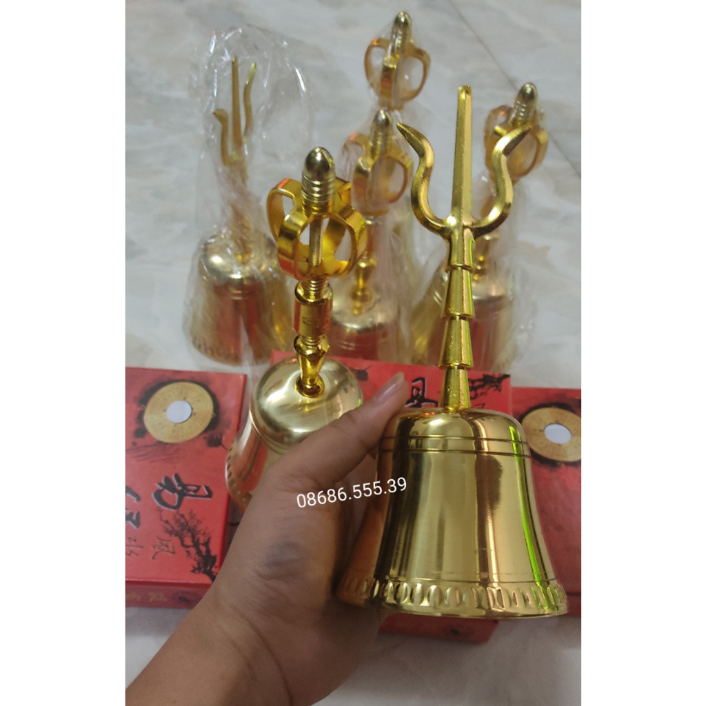 Chuông lắc có cán cao 13cm linh đồng vàng - chuông lắc cầm tay lớn Đài Loan