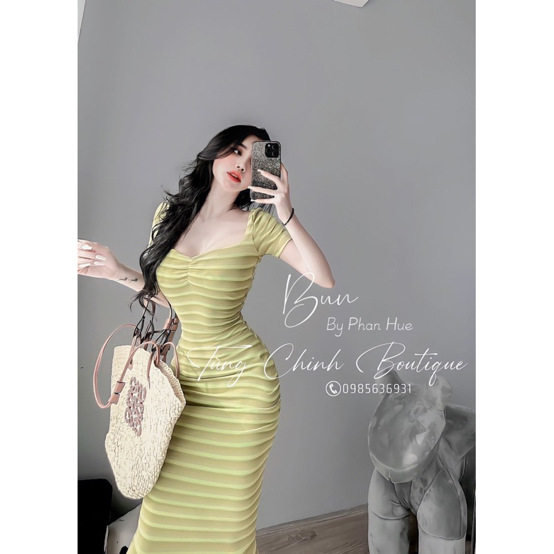 Váy body tăm kẻ rúm ngực dáng dài tôn dáng