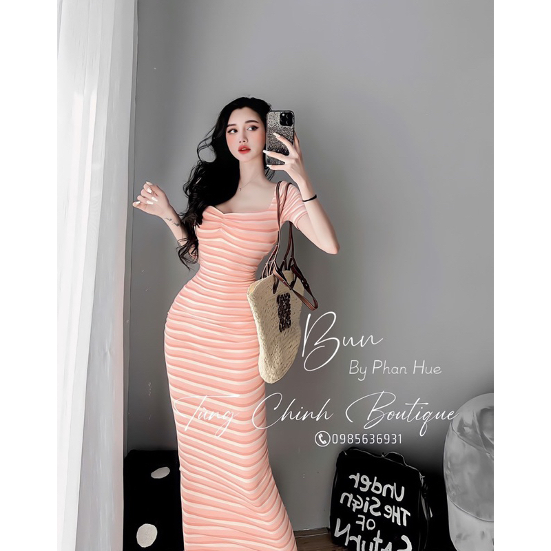 Váy body tăm kẻ rúm ngực dáng dài tôn dáng
