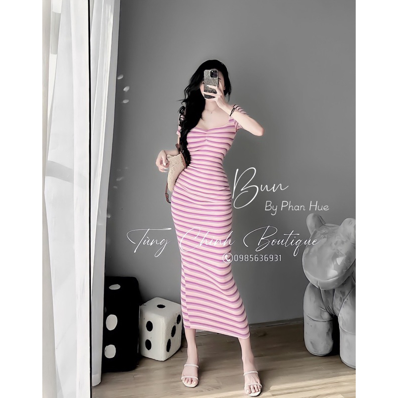 Váy body tăm kẻ rúm ngực dáng dài tôn dáng