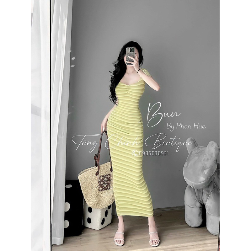 Váy body tăm kẻ rúm ngực dáng dài tôn dáng