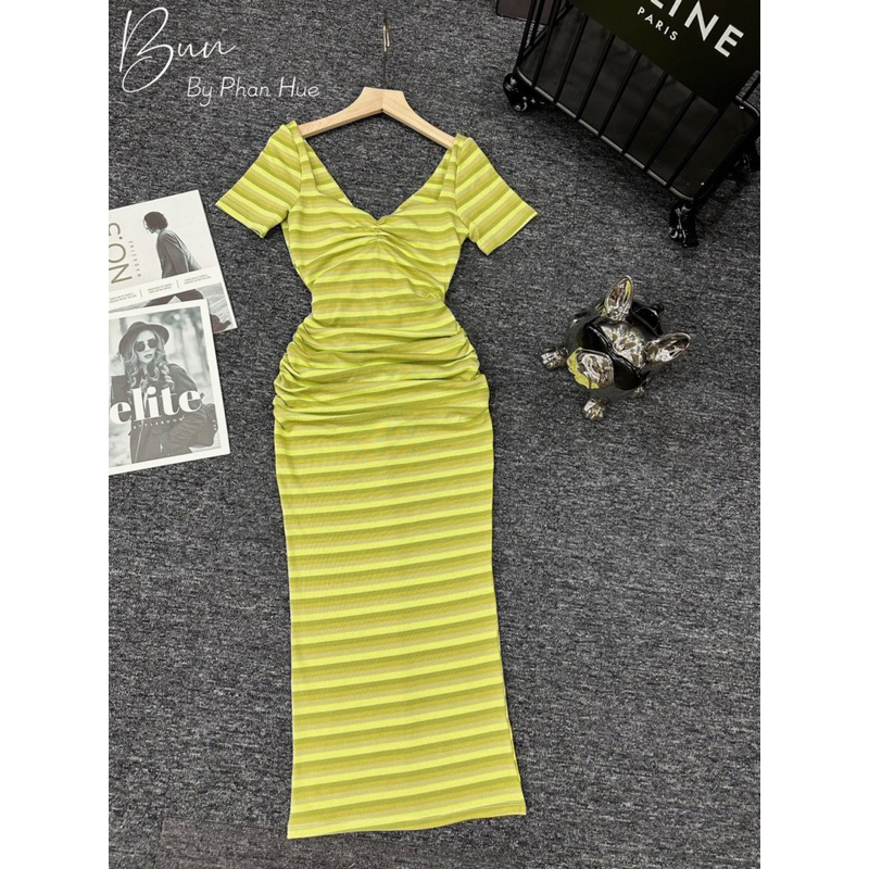 Váy body tăm kẻ rúm ngực dáng dài tôn dáng