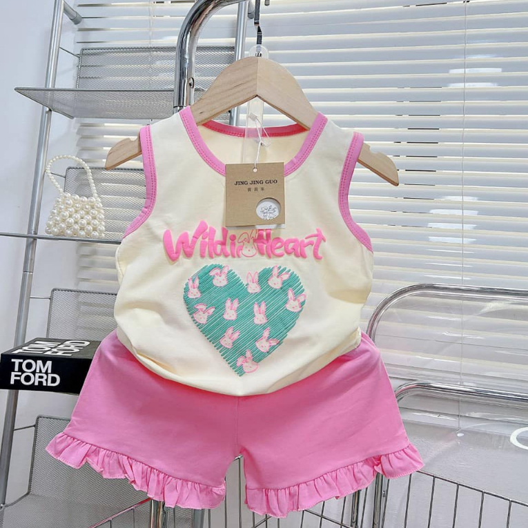 Bộ ba lỗ bé gái, bộ ba lỗ QC in nổi hình thỏ tim chất cotton mềm mát cho bé gái BL033
