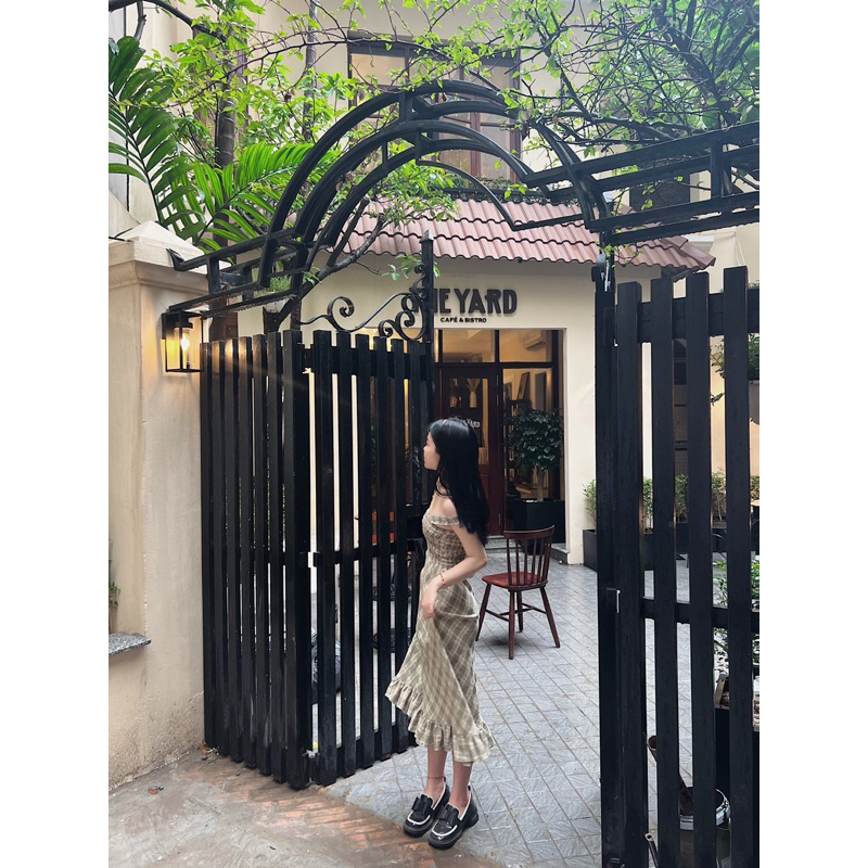 Váy 2 dây đầm dài kẻ nhún ngực đuôi bèo thiết kế Bonheur Tinker Dress