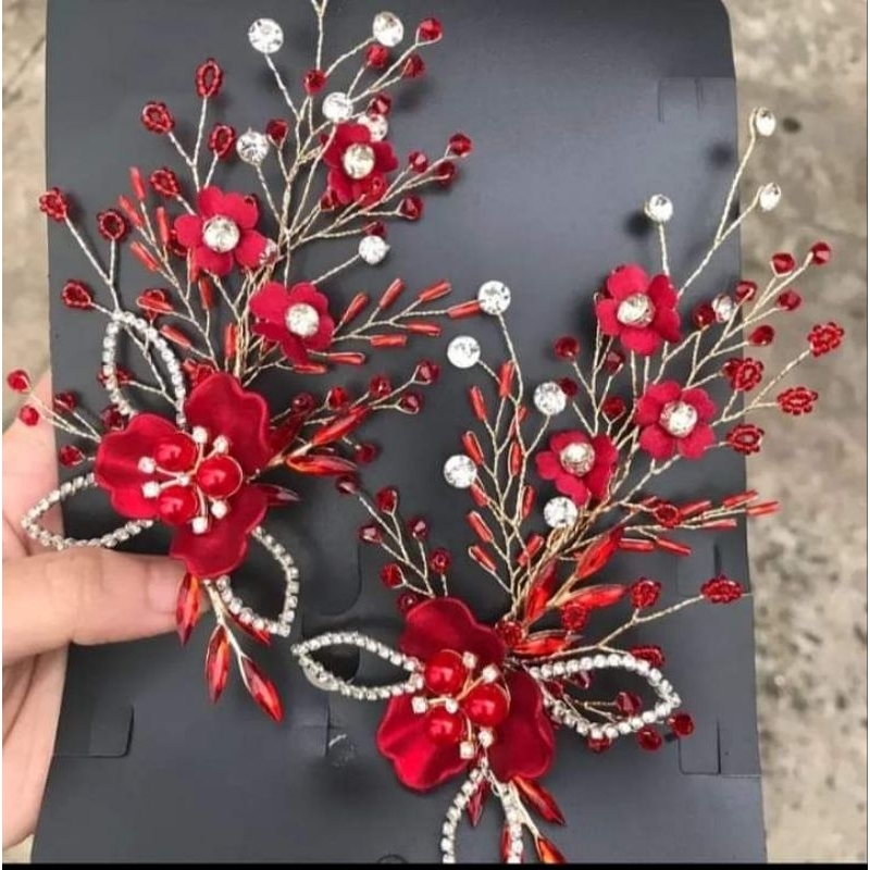 sét 2 cài tóc đỏ kết đá cô dâu