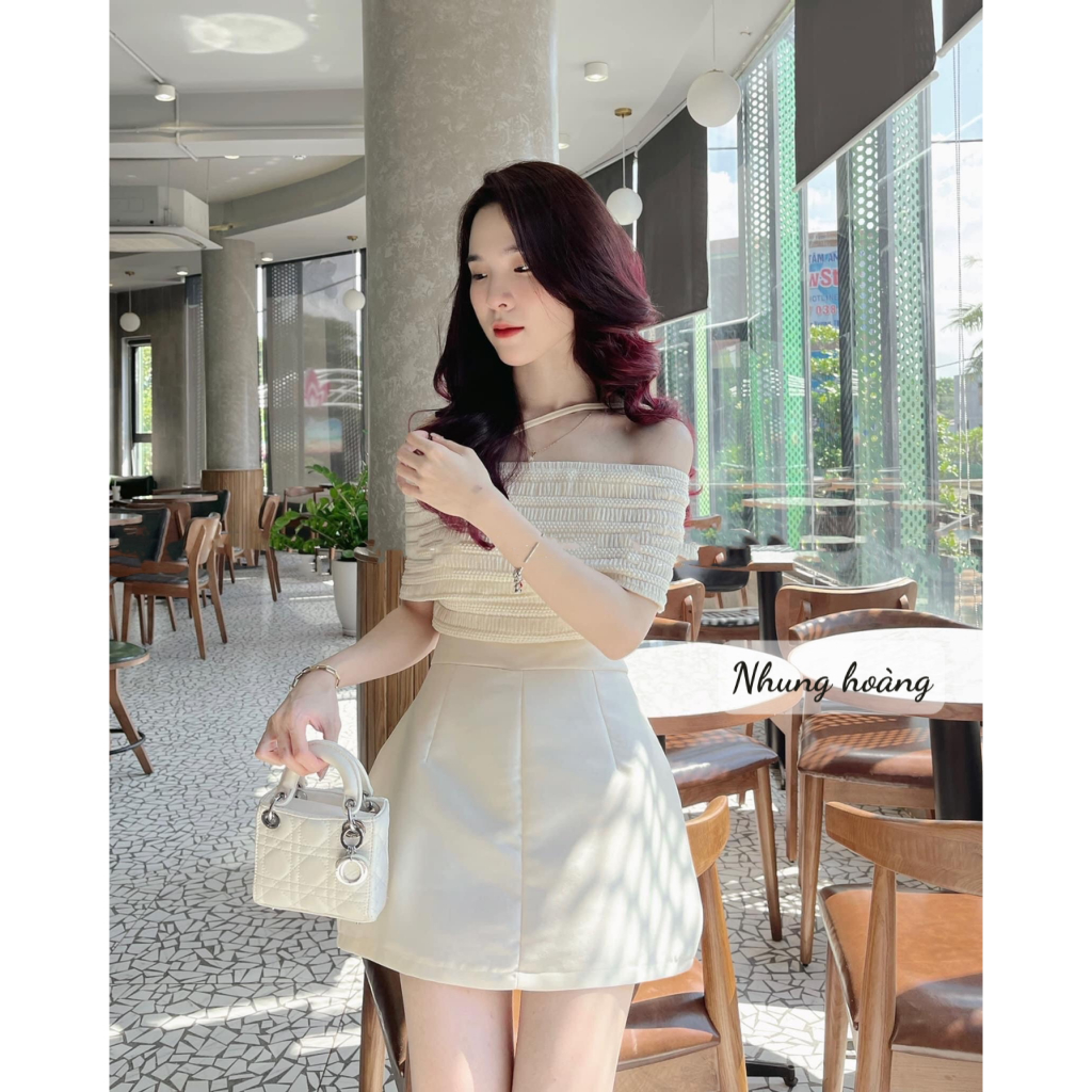 Set áo ren trễ vai kết hợp dây đan chéo và chân váy takta dành cho nữ mặc đi chơi - Thời Trang Bảo Trang - Nh6.14
