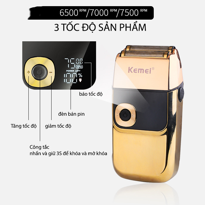 Máy cạo râu Kemei KM-2028 có tubor 3 tốc độ cạo và lưỡi sơ cua