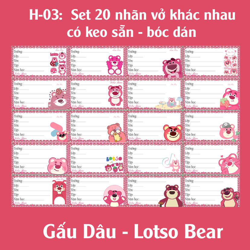 Nhãn vở Gấu Dâu- Lotso Bear (set 20 nhãn vở hình khác nhau)