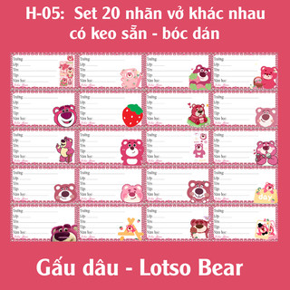 Nhãn vở Gấu Dâu- Lotso Bear (set 20 nhãn vở hình khác nhau)