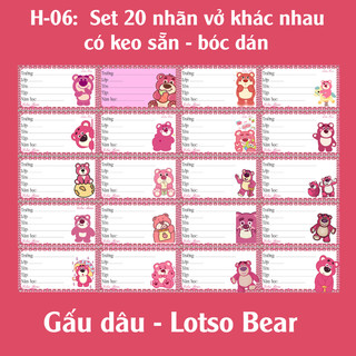 Nhãn vở Gấu Dâu- Lotso Bear (set 20 nhãn vở hình khác nhau)