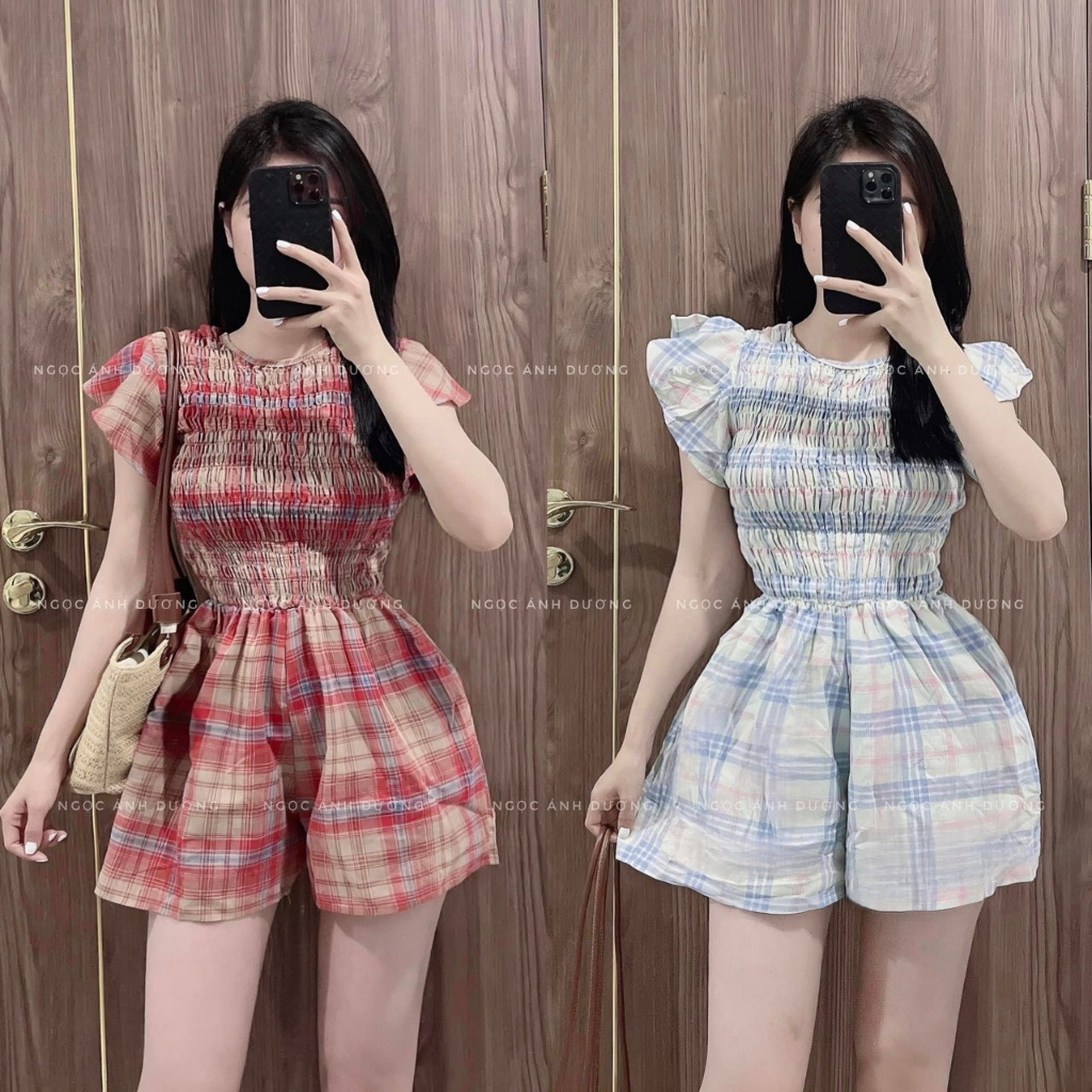 Xả kho - Jum short kẻ đỏ xinh, Đồ bay jumpsuits nữ kẻ đó trẻ trung