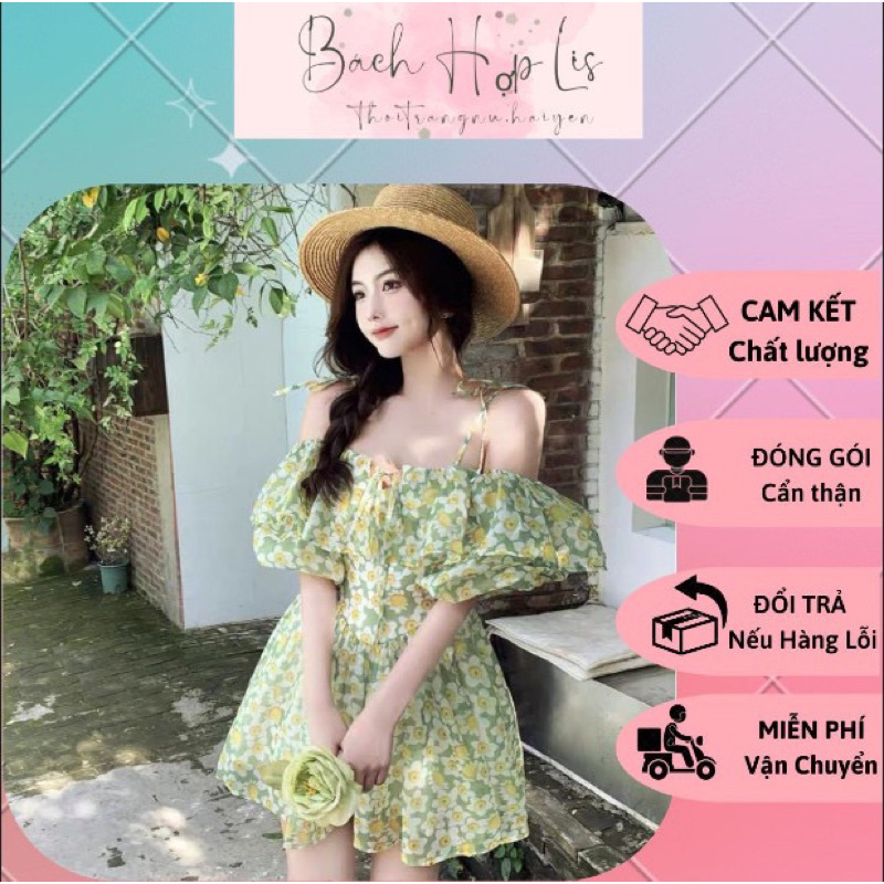 (Có Sẵn) Váy Hoa Nhí Trễ Vai Hàng Quảng Châu Cao Cấp, Chất Liệu Lụa Tơ Mỏng (Váy Có Lớp Lót)