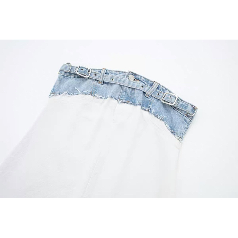 Đầm quây trắng body phối denim