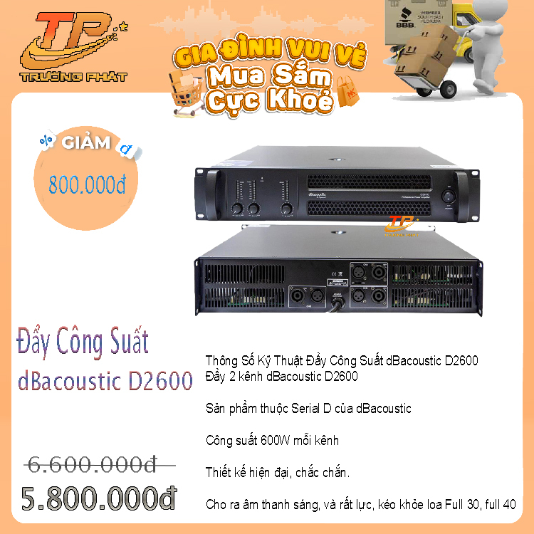Đẩy công suất dBacoustic D2600,đẩy công suất 2 kênh,main 2 kênh