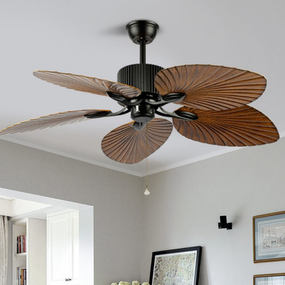 Quạt trần đèn trang trí phòng khách phòng ngủ cánh gỗ lá cọ đẹp phong cách cổ điển SuperVilighting