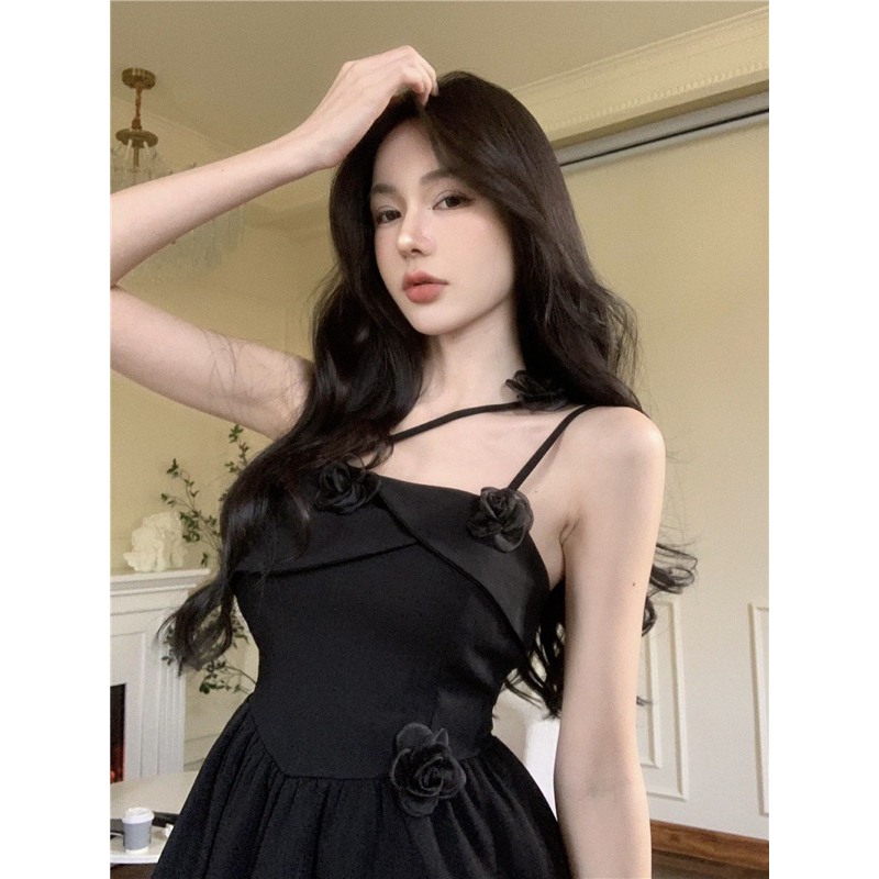 Đầm Váy Ngắn Nữ Thiết Kế Dáng Xoè Đen Dây Chéo Điểm Hoa Sexy Tôn Dáng Ăn Tiệc Sinh Nhật Du Lịch Hàng Order Quảng Châu