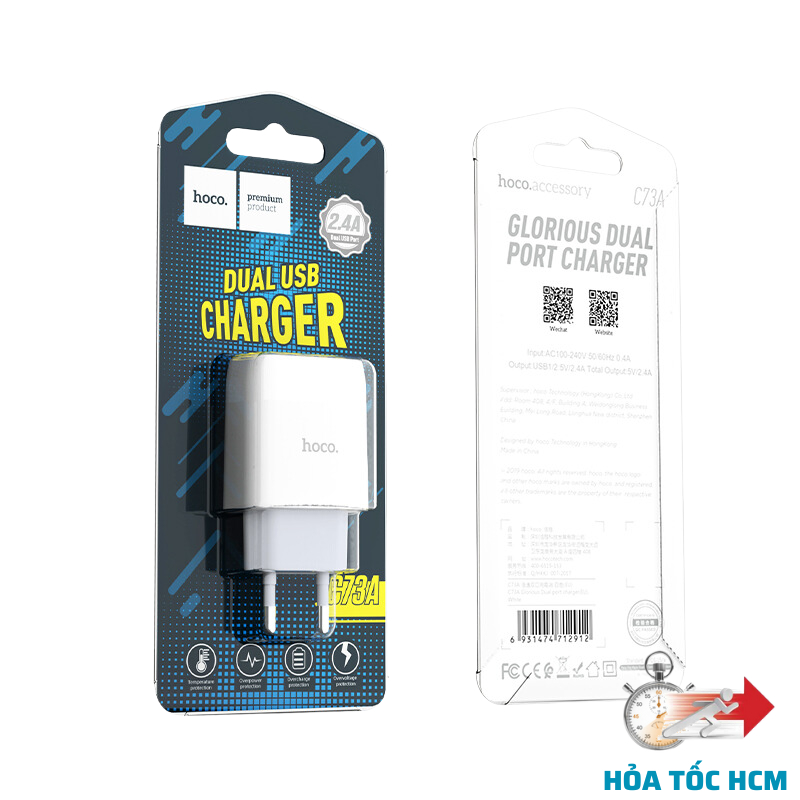 Cốc sạc nhanh 2 cổng sạc C73A - dòng sạc 5v- 2.4A