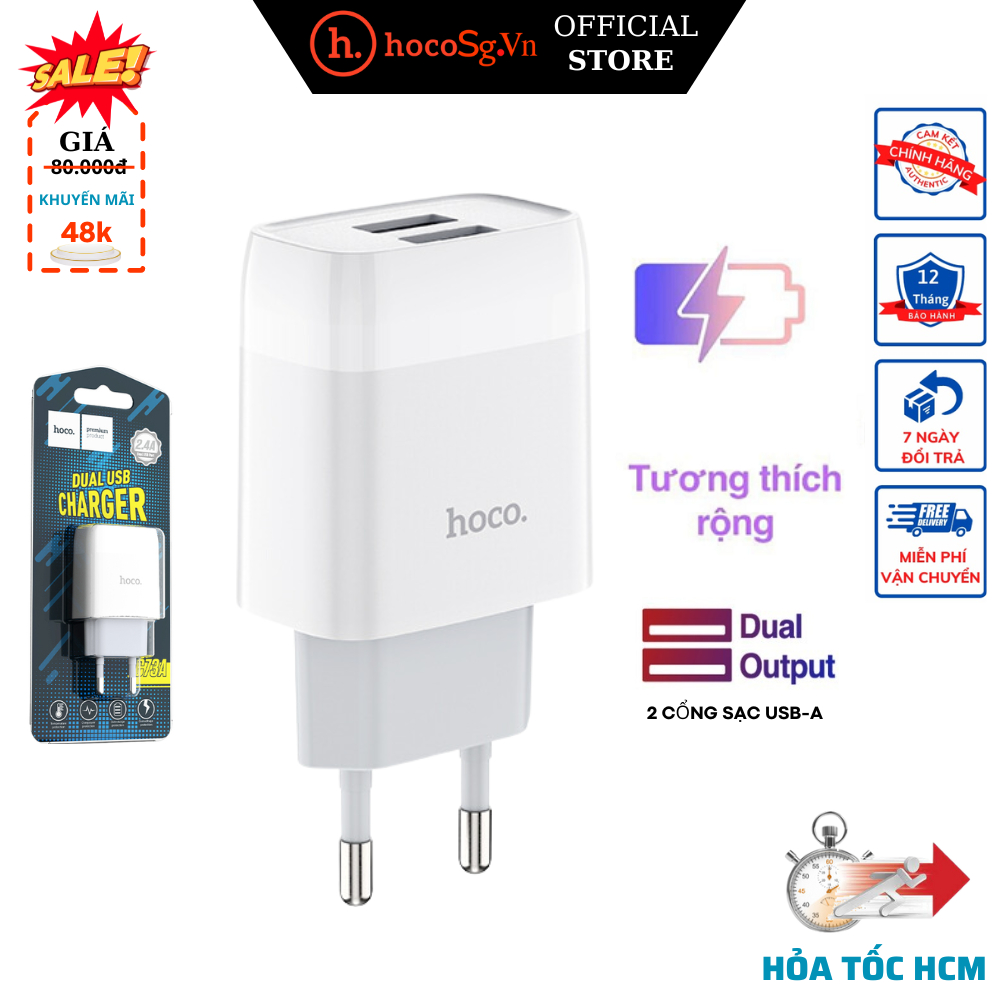 Cốc sạc nhanh 2 cổng sạc C73A - dòng sạc 5v- 2.4A