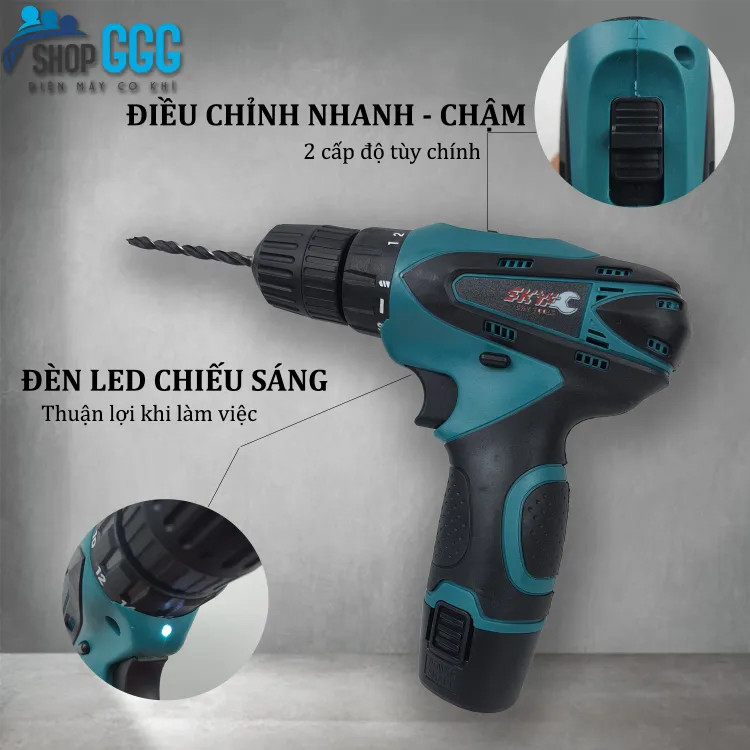Máy khoan cầm tay Pin 12v trang bị đèn led và 18 cấp trượt. Tặng bộ phụ kiện 24 chi tiết