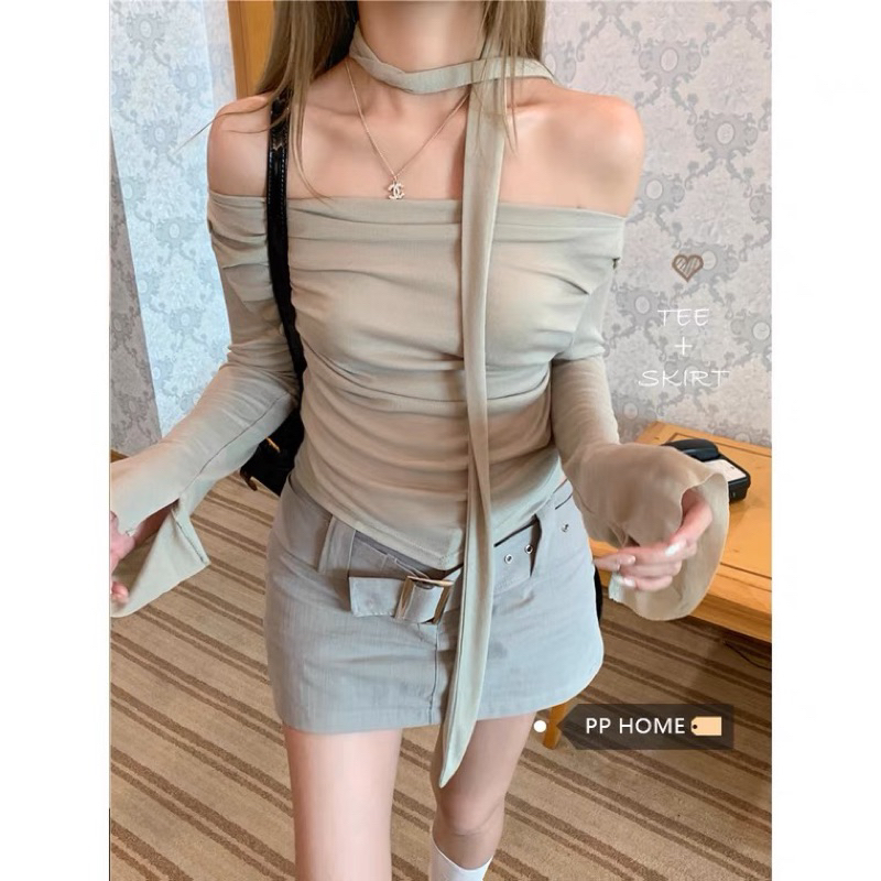 ÁO BẸT VAI TAY DÀI CHÂN VÁY MINI THẮT LƯNG