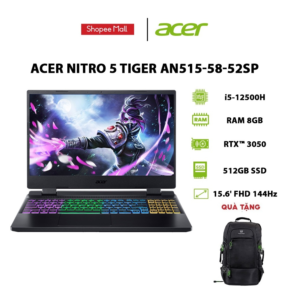 Laptop Acer Nitro 5 Tiger AN515-58-52SP i5-12500H |8GB|512GB|RTX™ 3050 4GB|15.6' 144Hz|