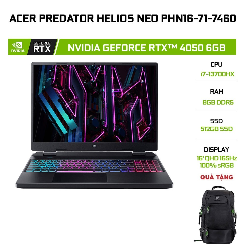 [Mã ELGAMEFEB giảm 10%] Laptop Acer Predator Helios Neo PHN16-71-7460 (i7-13700HX8G512GRTX 4050 6G16')