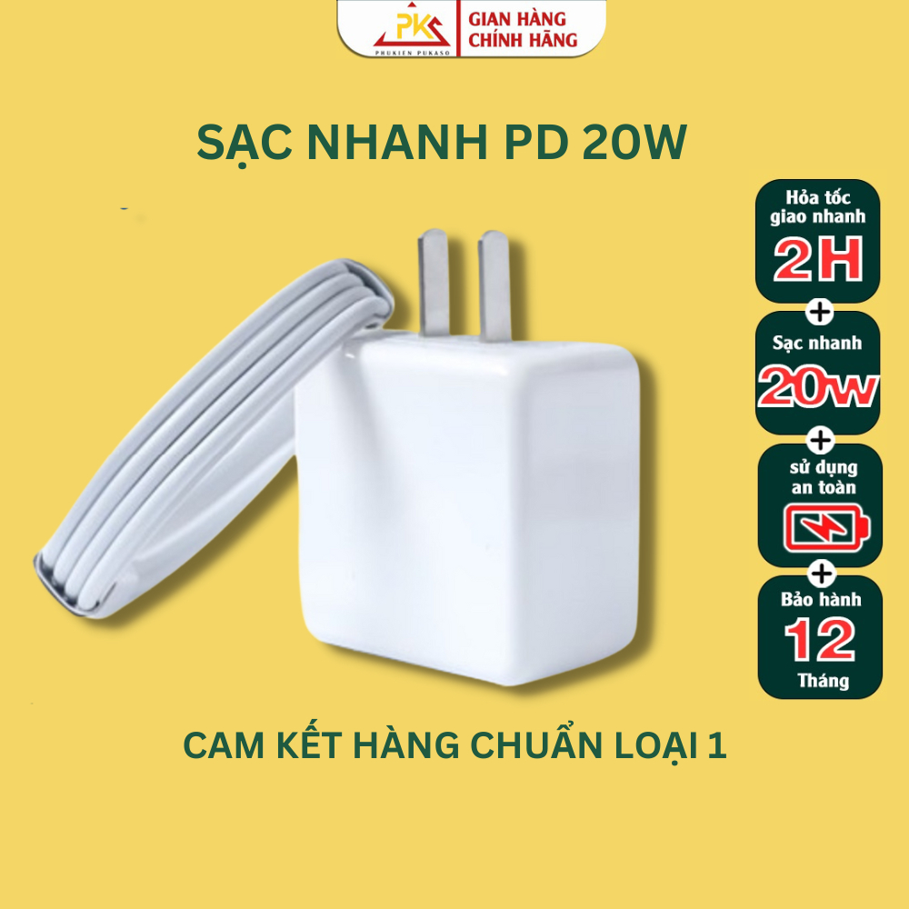 Bộ Củ Cáp Sạc Nhanh PD 20W ổn định an toàn cho điện thoại, bảo hành 12 tháng chính hãng PUKASO