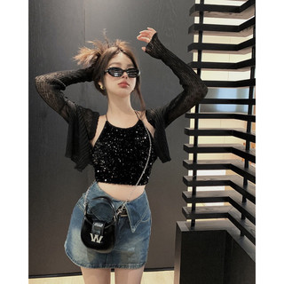 Áo yếm đen lấp lánh bling & Áo cadigan khoác ngoài