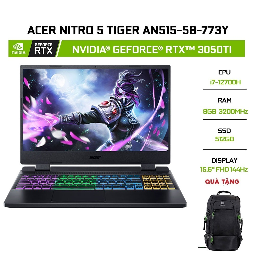 Laptop Acer Nitro 5 Tiger AN515-58-773Y i7-12700H|8GB|512GB|RTX™ 3050Ti|15.6'FHD144Hz|W11