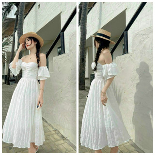 Đầm váy nữ maxi trễ vai dáng xòe chất xốp lưng chun cho mùa đi biển, picnic