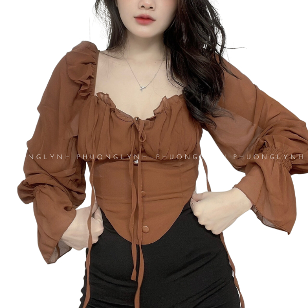 Áo Croptop Phong Cách Ullzzang , Áo Kiểu Nữ Màu Nâu Đất Bo Chun Chất Voan Đủi Mỏng Pla171 - Shop Phuong Lynh