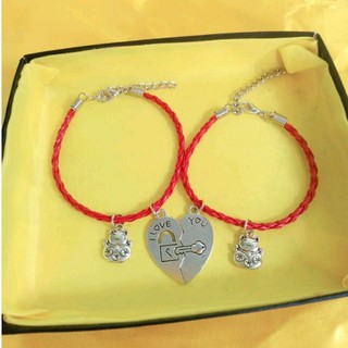 (2 cái) Vòng tay cặp đôi tình yêu dây da PU đỏ mặt mèo thần tài may mắn mix charm trái tim đôi cao cấp