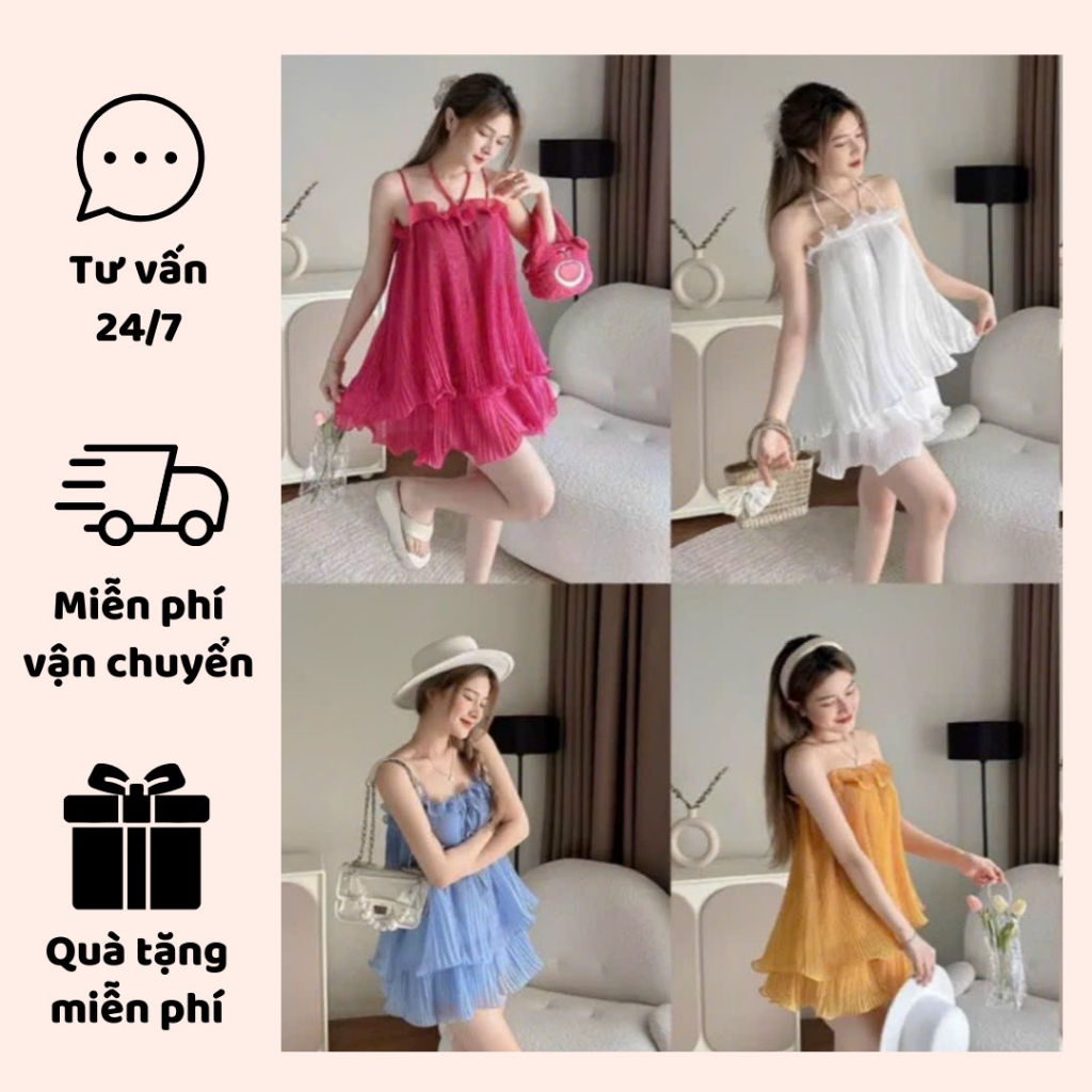 Váy Dáng Xòe Cổ Yếm Bánh Bèo Váy Đi Biển Chất Liệu Tơ Nến Cao Cấp Nhiều Màu Đẹp Quyến Rũ ,Sang Trọng