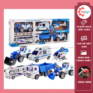 Bộ 6 xe cảnh sát, công trình, cứu hỏa, khủng long cỡ lớn bbtglobal cho bé - muối blocks