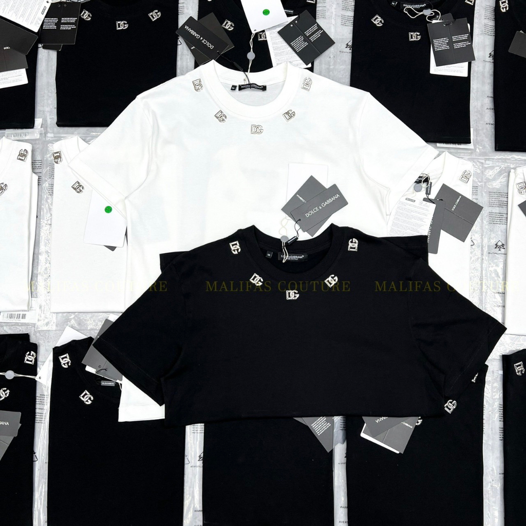 Áo thun DG đính logo viền cổ nam nữ cao cấp Áo phông nam nữ Premium cotton đính kim loại viền cổ