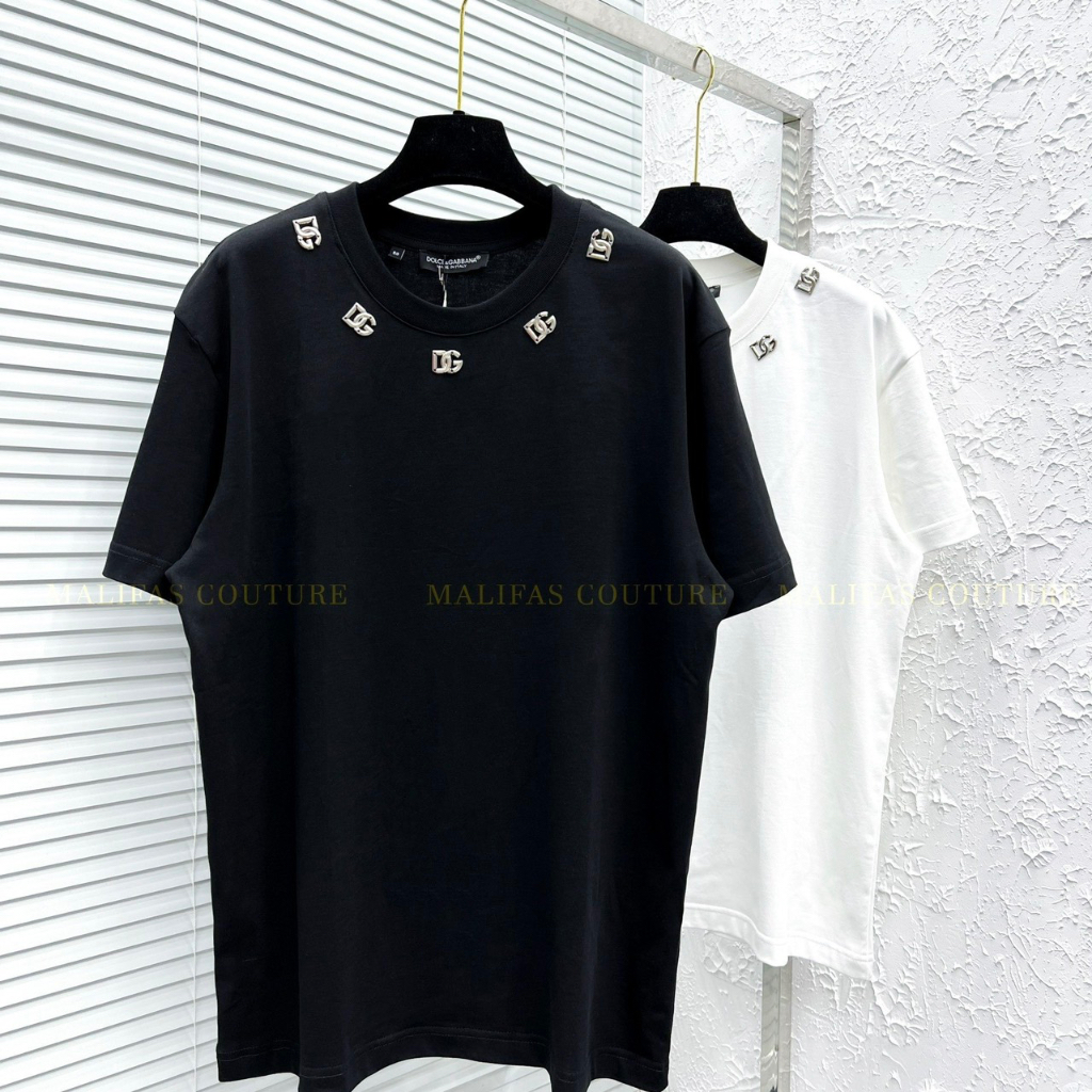 Áo thun DG đính logo viền cổ nam nữ cao cấp Áo phông nam nữ Premium cotton đính kim loại viền cổ