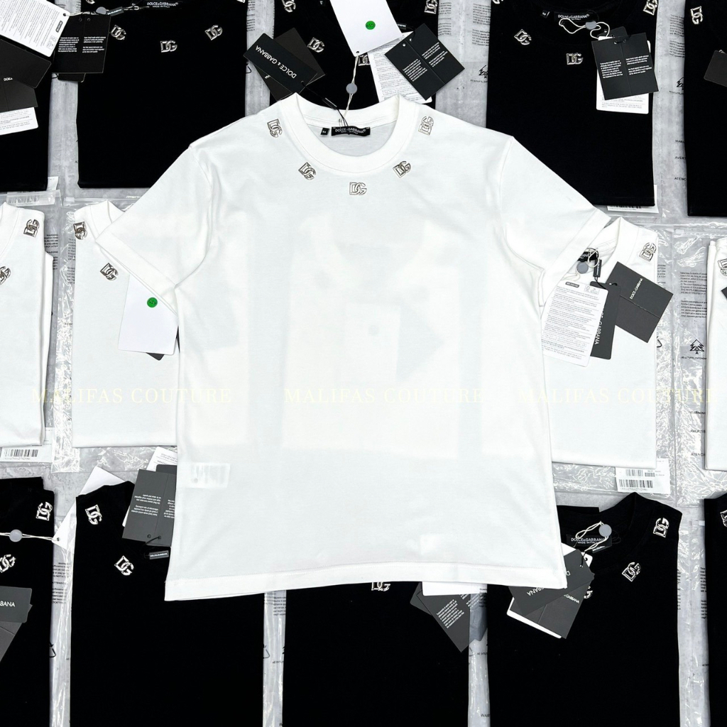 Áo thun DG đính logo viền cổ nam nữ cao cấp Áo phông nam nữ Premium cotton đính kim loại viền cổ