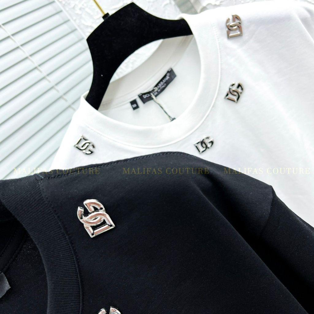 Áo thun DG đính logo viền cổ nam nữ cao cấp Áo phông nam nữ Premium cotton đính kim loại viền cổ