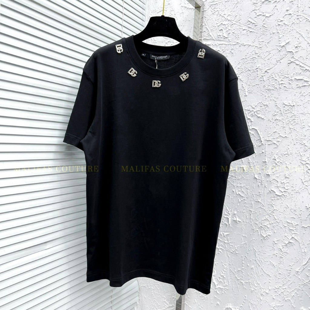 Áo thun DG đính logo viền cổ nam nữ cao cấp Áo phông nam nữ Premium cotton đính kim loại viền cổ