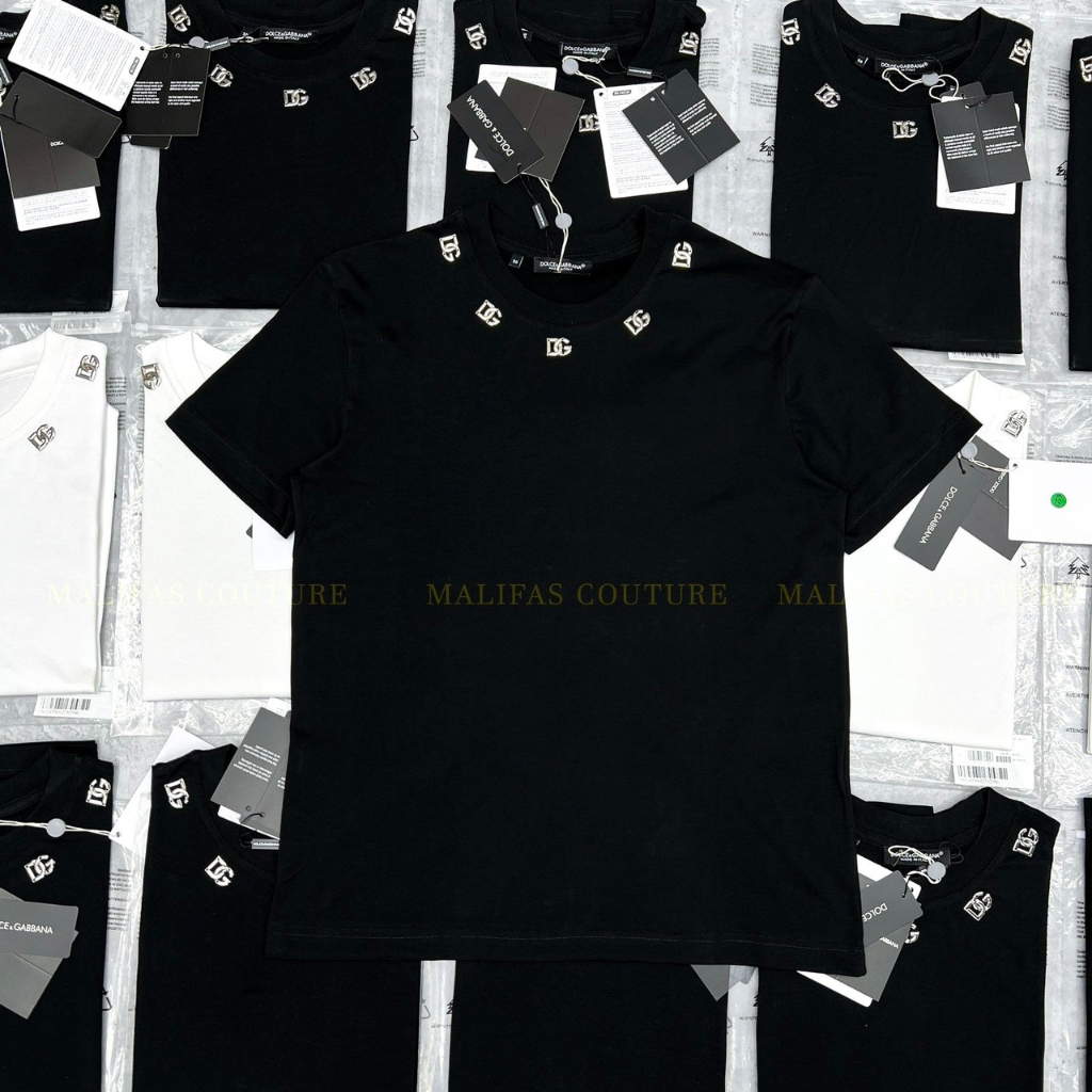 Áo thun DG đính logo viền cổ nam nữ cao cấp Áo phông nam nữ Premium cotton đính kim loại viền cổ