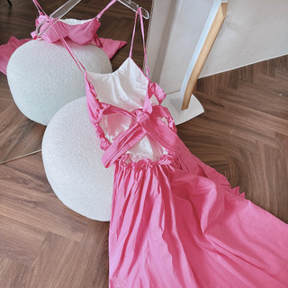 Maxi hồng rút eo 2 dây hở lưng cột eo
