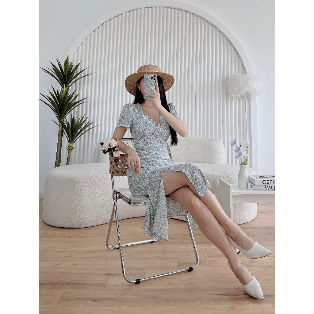 D189 VÁY HOA XANH DƯƠNG BÚT CHÌ