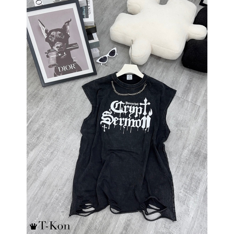 Áo tanktop loang rách phối xích tháo rời hàng chuẩn QC from dáng rộng ảnh thật - hàng sẵn