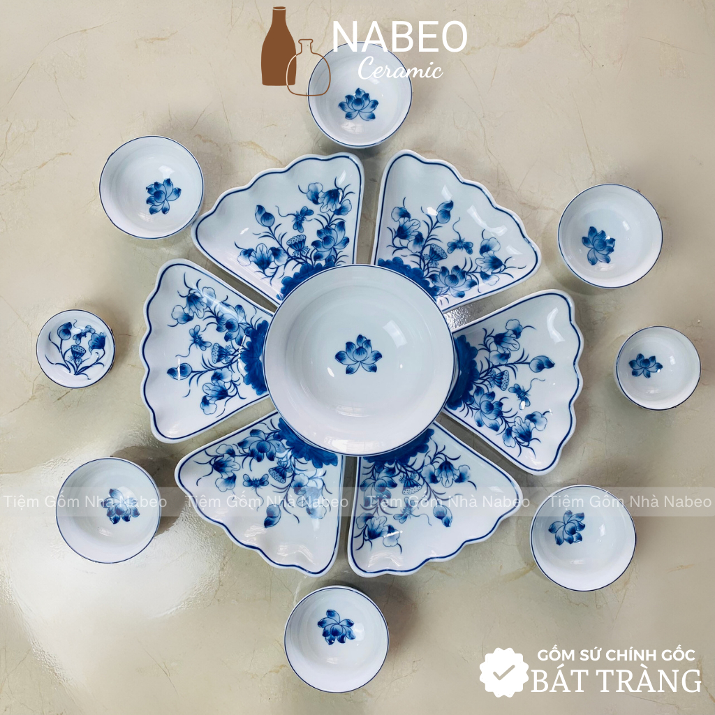 Bộ Bát Đĩa Hoa Mặt Trời Sen Chuồn, Bộ Bát Đĩa Cúng Gia Tiên Bát Tràng, Đường Kính 45cm