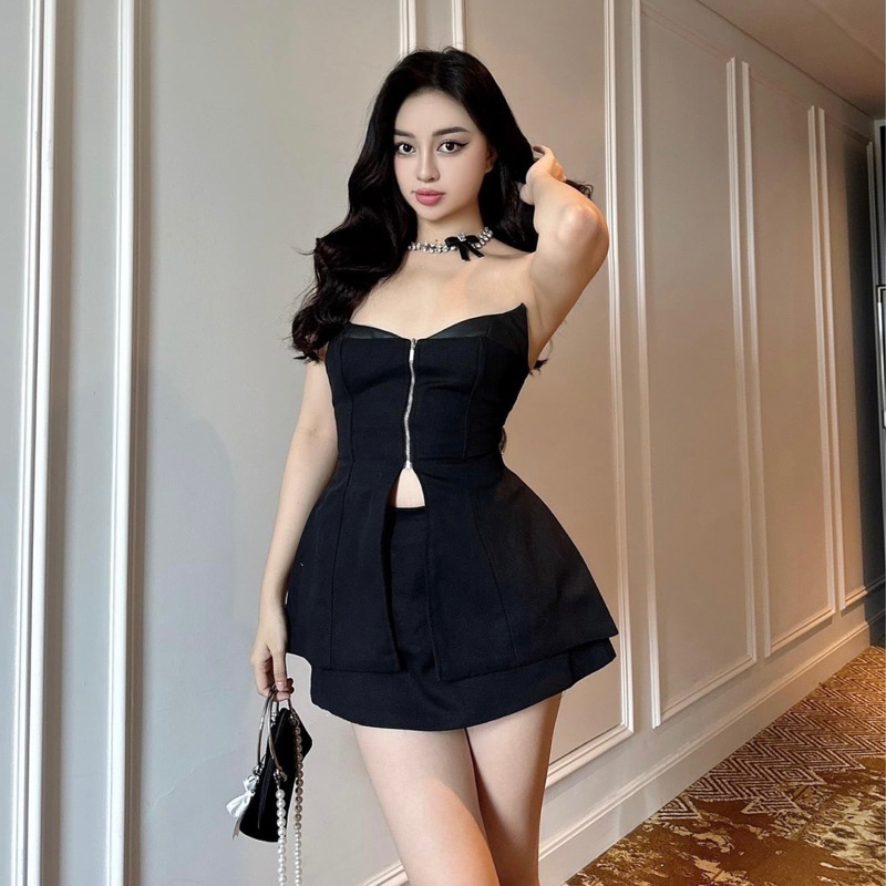 (SẴN-Hoả tốc) Set áo cánh dơi phối da cùng khoá kéo và chân váy ngắn xoè quyến rũ gợi cảm
