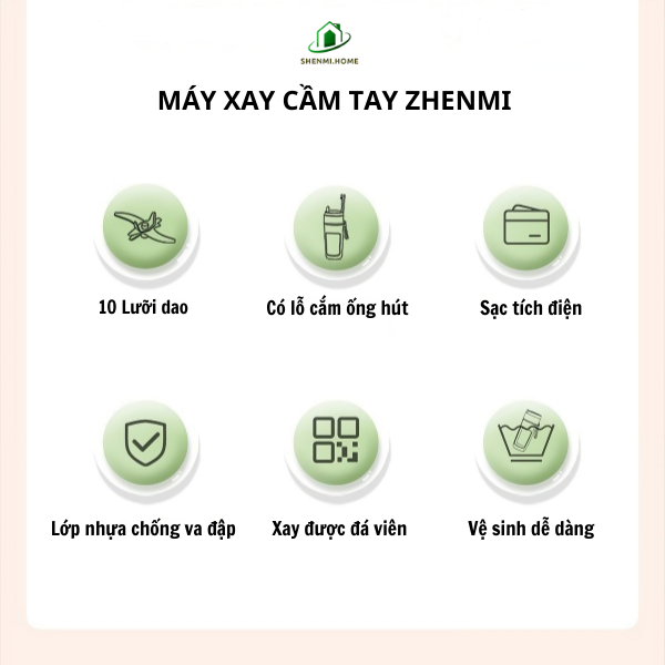Máy xay sinh tố cầm tay Zhenmi 10 lưỡi, xay được đá viên, hàng chính hãng