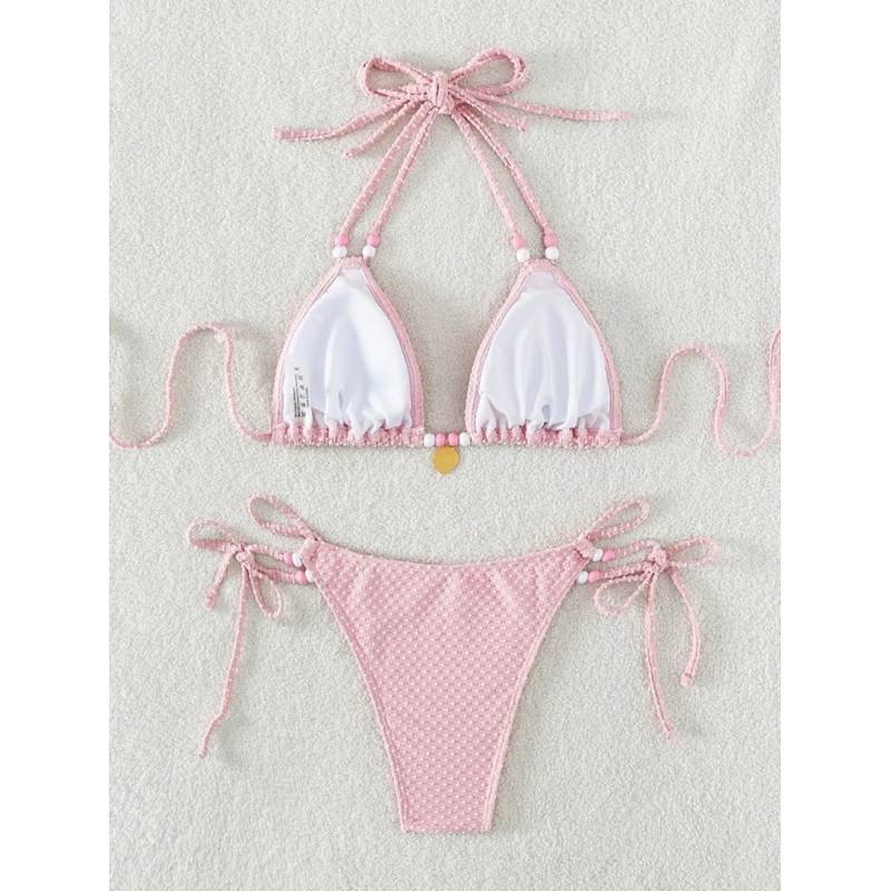 Hàng có sẵn | Set bikini 2 mảnh đính cườm cột dây khoen trái dâu