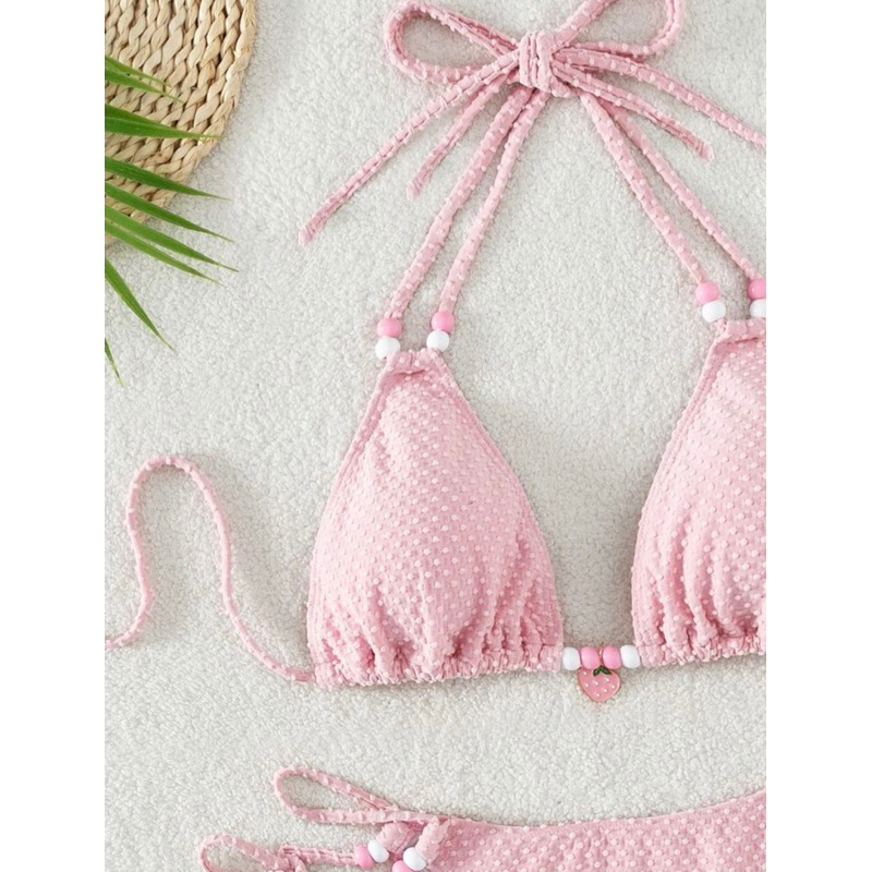 Hàng có sẵn | Set bikini 2 mảnh đính cườm cột dây khoen trái dâu